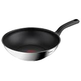 TEFAL G72619 Comfort Max Patelnia Wok 28 cm, stal nierdzewna 18/10, nieprzywierająca powłoka, wskaźnik Thermo Signal, nienagrzewający uchwyt, do wszystkich kuchenek, srebrny/czarny