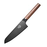 MITSUMOTO SAKARI 17 cm Nóż Santoku, Niemieckie Noż Kuchenne Stali Stopowej | Czarną Powłoką Tytanową, Rękojeścią z Drewna Orzechowego, do Mięsa i Sushi