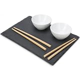 MIJOMA Zestaw do sushi Amuse 7-częściowy dla 2 z prostokątną płytą łupkową | Powierzchnia do serwowania 29 × 20 cm, dwie białe miseczki porcelanowe, dwie pary pałeczek bambusowych