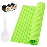 WOKICOR Su-shi mata do sushi, z łyżką do ryżu, narzędzie do rolowania, mata silikonowa, nadaje się do domowej roboty i zielonej rolki sushi, trwała