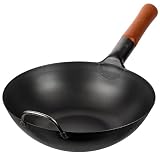 YOSUKATA Wok Stal Węglowa 30 cm - Przyprawiony, z Płaskim Dnem | Tradycyjny Chiński Wok Do Smażenia, Stir Fry I Grillowania – Do Indukcji, Kuchenek Elektrycznych, Gazowych I Otwartego Ognia