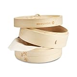 Reishunger Tradycyjny bambusowy parowar dla 2 osób (Ø 20 cm, 2 poziomy) do ryżu, deserów, warzyw, ryb i mięsa – urządzenie do przygotowywania dumpling Maker w zestawie z 2 bawełnianymi ściereczkami