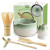 JBER Zestaw do matcha 7-Częściowy - Miotła Bambusowa do matchy, Ceramiczna miseczka z nalewką, Sitko do matchy - Kompletny zestaw do herbaty matcha, Jasnozielony Gradient