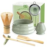 JBER Zestaw miotły matcha, 7-częściowy zestaw do matchy – miotła i uchwyt na miotłę, miska do matchy z wylewką, sitkiem, łyżką i uchwytem, japońskie akcesoria matcha dla miłośników matchy - klasyczna