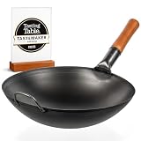 YOSUKATA Wok Ze Stali Węglowej 36 Cm – Przyprawiony, z Okrągłym Dnem | Tradycyjny Chiński Wok Do Stir Fry – Duża Patelnia Do Kuchni Azjatyckiej, Kuchenki Gazowej, Otwartego Ognia I Kempingu