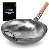 YOSUKATA Młotkowany Wok Ze Stali Węglowej 36 Cm, z Okrągłym Dnem | Tradycyjna Patelnia Wok do Smażenia Stir Fry – Azjatycka Duża Patelnia do Kuchenki Gazowej, Otwartego Ognia i Kempingu