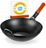YOSUKATA Wok Stal Węglowa 34 cm - Przyprawiony, z Płaskim Dnem | Chińska Patelnia Wok Do Stir-Fry – Do Kuchenek Elektrycznych, Indukcyjnych, Gazowych, Otwartego Ognia, Grilla I Kempingu