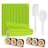Mata do sushi, zestaw do sushi, silikonowa mata do sushi, łyżka do ryżu i | Mata do sushi wielokrotnego użytku dla początkujących, entuzjastów sushi, DIY, kuchni, pikniku (21,6 x 19,7 cm)