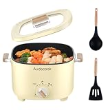 Audecook Elektryczny gorący garnek 2,5 l, glazura ceramiczna, nieprzywierająca, przenośny multicooker podróżny do ramenu, steków, jajek, smażonego ryżu, płatków owsianych, zupy, 350 W/800 W (beżowy)