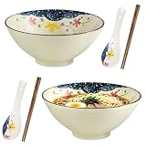 DASIAUTOEM Zestaw misek Ramen z ceramiki z pałeczkami i łyżeczkami, zestaw 2 japońskich misek ramen 1200 ml, nadaje się do kuchenki mikrofalowej i mycia w zmywarce, do sałatek Ramen Pho Udon