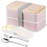 Binoster oryginalny pojemnik na żywność bento, lunchbox, w stylu japońskim, z taśmą i podziałką, łyżka i widelec ze stali nierdzewnej, kolor różowy