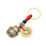 Febbya Breloczek do kluczy z kotem szczęścia, z monetami Feng Shui, mosiężny brelok Maneki Neko, breloczek do kluczy i torebek, zawieszka dla kobiet, dziewcząt, dzieci