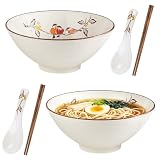 DASIAUTOEM Zestaw 2 ceramicznych misek do ramen z pałeczkami i łyżkami, 1200 ml, nadają się do kuchenki mikrofalowej i zmywarki, do Ramen, Pho Udon, sałatki, zupy (kwiaty i ptaki)