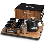 MIAMIO Japoński/chiński zestaw do herbaty, 6 azjatyckich filiżanek (100 ml) z zaparzaczem do herbaty (620 ml), tradycyjny japoński zestaw filiżanek dla miłośników herbaty, mężczyzn, kobiet (czarny)