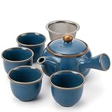 Japoński zestaw do herbaty Kyusu z niebieskiej ceramiki – czajniczek 320 ml z bocznym uchwytem z sitkiem ze stali nierdzewne + 4 filiżanki 110 ml – idealny do herbat Sencha i Gyokuro (Umi)