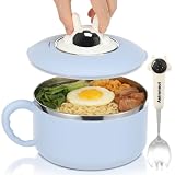 Ramen miska z pokrywką, 1200 ml, ze stali nierdzewnej, z pokrywką i łyżką, przenośna miska do ramen z uchwytem, do makaronu, owoców, sałatek z makaronem i miski ryżu (niebieska)