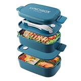 Beeptrum Pojemnik na lunch Bento, 1400ml, 4 przegródki i sztućce, szczelne pudełko 2-warstwowe, dla dorosłych i dzieci, do biura, możliwość użycia w mikrofali i zmywarce (czysty niebieski)