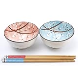 lachineuse - Zestaw 2 japońskich misek na kwiaty wiśni Sakura 11 cm - białe, różowe i niebieskie - miski na ryż, zupę - 2 pary pałeczek - Miska azjatycka Japonia - Japońska zastawa stołowa prezent