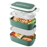 Bento Box pudełka na lunch 1400 ml, do układania w stos, dla dorosłych, 4 przegródki, szczelny, z zestawem sztućców, nadaje się do kuchenki mikrofalowej (zielony, 2 warstwy)
