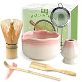 JBER Zestaw do matcha 7-Częściowy - Miotła Bambusowa do matchy, Ceramiczna miseczka z nalewką, Sitko do matchy - Kompletny zestaw do herbaty matcha, Różowy Gradient
