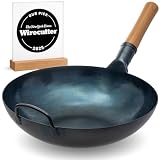 YOSUKATA Wok Stal Węglowa 34 cm - Przyprawiony, z Płaskim Dnem | Tradycyjny Chiński Wok - Azjatycka Patelnia do Stir Fry - Duży Wok do Indukcji, Kuchenki Gazowej,Otwartego Ognia, Grillowania