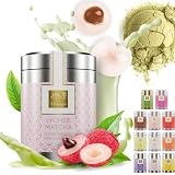 Tea Uniqo Litchi Matcha Powder, idealna do herbaty bąbelkowej, lodów lub smoothie, proszek Matcha Latte o smaku liczi, bez sztucznych barwników w eleganckiej puszce