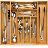 Budu organizer do szuflady na sztućce #47 (głębokość: 47 cm) - Taca na Sztućce do Szuflady Kuchennej - Regulowany Uchwyt na Przybory Kuchenne - Bambusowy Wkład do Przechowywania Łyżek, Wideł, Noży