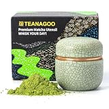TEANAGOO Mały ceramiczny pojemnik na herbatę Matcha | 2,8 uncji Przenośny słoik do, gwarancja świeżości dla 18 g Matcha, rozmiar podróżny do użytku w podróży, X6 Lt.green z czarnym szwem