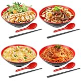 GBACHOOSE Zestaw misek do ramenu, 4 sztuki, miska do ramen z łyżeczką i pałeczkami, 1000 ml, zestaw misek do ramen Buldak, makaron udon, chiński makaron, Ramen Nissin (czerwony)