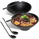 HEFTMAN Japońska miska do ramenu, zestaw 2 eleganckich misek do ramenu, 1000 ml, plastikowa miska wielokrotnego użytku do zupy, sałatki, ryżu i makaronu - z dopasowanymi łyżkami i pałeczkami (czarna)