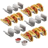 Chef Tacos Zestaw 6 uchwytów do taco, płaski rowek i 2 kubki do sosów, stojaki na miękkie lub twarde skorupki, uchwyty ze stali nierdzewnej do przygotowywania kuchni, serwowania, piekarnika lub stołu