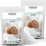 GiDeli Erytrytol 2 kg - Bezkaloryczny Zamiennik Cukru, Wegański | neutralny smak bez goryczki, moc słodząca około 70 procent cukru, dwie osobno zamykane torby, do wypieków