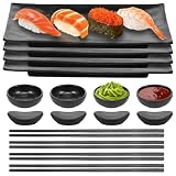 Sutowe 16-częściowy zestaw talerzy do sushi, japońskie talerze do serwowania sushi, czarne naczynia z 4 tacami, 4 miseczki na sosy sojowe, 4 pary pałeczek + uchwyt, prezent ślubny i parapetówkowy