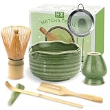 JBER Zestaw do matcha 7-Częściowy - Miotła Bambusowa do matchy, Ceramiczna miseczka z nalewką, Sitko do matchy - Kompletny zestaw do herbaty matcha, Klasyczna Zieleń