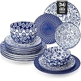 vancasso SELENE 36-częściowy zestaw naczyń dla 12 osób, niebiesko-biały porcelanowy zestaw naczyń - 12 talerzy obiadowych, 12 talerzy deserowych i 12 misek - styl chiński, odpowiedni do mikrofalówki